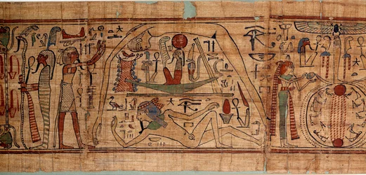 Ägyptische Antike Allegorie des Kosmos: Mythologisches Papyrus von Neskapashouty, Buchhalter der Getreide, darstellend Kosmogonie, mit Geb, Nout, Nephtys, Osiris