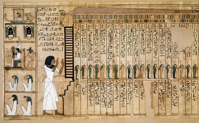 Ägyptische Altertümer: Fragment aus dem Totenbuch, Papyrus des Nebqed. Detail mit der Ankunft des Verstorbenen im Jenseits. 18. Dynastie. 1400-1350 v. Chr. Paris, Musée du Louvre - Altes Ägypten: Fragment aus dem Totenbuch, Papyrus des Ne