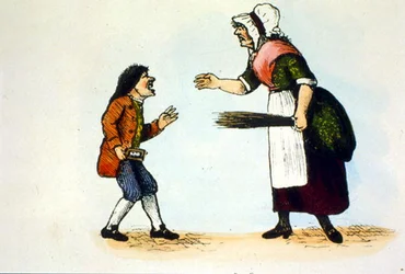 Ein Kind wird in einer Dameschule bestraft, Illustration aus einer Geschichte des Hornbuchs