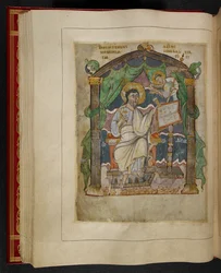 Evangelistenporträt des Heiligen Matthäus aus den Æthelstan-Evangelien (auch bekannt als die Krönungsevangelien)