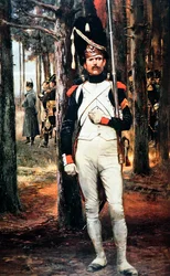 Kaiserlicher Gardist von Napoleons Großer Armee, mit Bärenfellmütze und bewaffnet mit einem Charlesville-Musketier von 1777