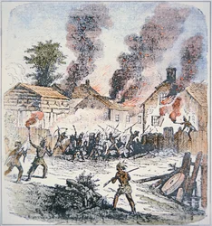 Nipmuc-Indianer greifen die Siedlung Brookfield, Massachusetts im August 1675 an