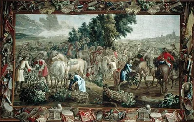 Doppelte Tapisserie, die Zweigsammler außerhalb einer Stadt darstellt, Brüsseler Werkstatt