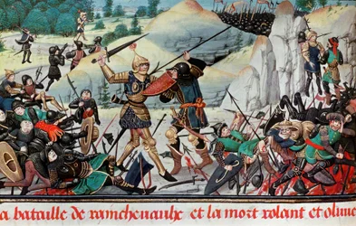 Tod des Ritters Roland, Neffe Karls des Großen, in der Schlacht von Roncesvalles (778) zwischen dem Heer Karls des Großen und den Sarazenen. Miniatur. Paris, B.N.