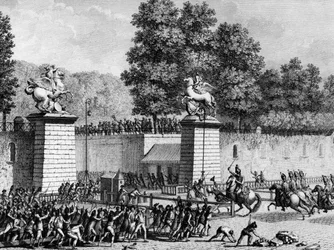 Erste der Französischen Revolution: Monsieur Charles Eugene de Lorraine, Prinz von Lambesc (1754-1825), betritt am 12. Juli 1789 mit einem Detachement der Royal German die Tuilerien, um die ersten Revolutionäre zu unterdrücken. Paris, Bibliothek des Instit