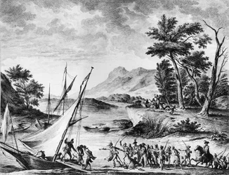 Französische Revolution: Verhaftung der französischen Botschafter Charles Louis Huguet de Semonville und Hugues Bernard Maret in Novate am 25. Juli 1793. Gravur und Zeichnung von Duplessi - Bertaux. Paris, Bibliothek des Instituts für Revolutionsgeschichte