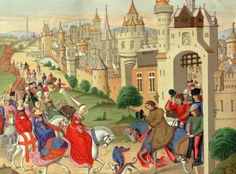 Isabella, Königin von England, wird am Tor von Paris von ihrem Bruder König Karl IV. von Frankreich empfangen, aus dem Manuskript 