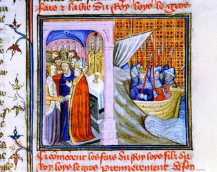 Heirat von Eleonore von Aquitanien und Ludwig VII. von Frankreich (1137) links, und Einschiffung zum Zweiten Kreuzzug 1147-1149, aus 