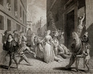 Terror (1793-1794): Italienische Komödianten werden aus Paris vertrieben. Gravur