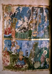 Szenen aus dem Leben des heiligen Cyprian. Miniatur in „Homelies. Orationes“ von Gregor von Nazianz (328-390), 879-882. Griechisches Manuskript