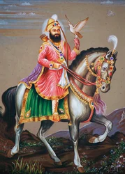 Guru Govind Singh reitend auf einem Pferd, Miniaturmalerei auf Papier