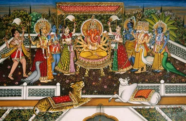 Lord Ganesh mit Brahma, Vishnu, Shiva, Durga, Miniaturmalerei auf Papier