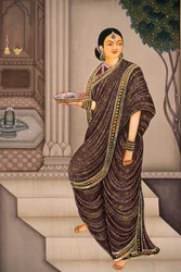 Marathi-Dame geht zum Tempel, Miniaturmalerei auf Papier