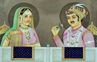 Miniaturmalerei von Akbar mit Jodha Bai Indien Asien