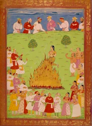 Frau von Radja Jasingle opfert sich im Herzen des Shah Alem. Indische und persische Miniaturen in „Geschichte Indiens von Tamertante bis Orangreyb“ von Niccolo Manucci (1638-1717). BN, Paris.