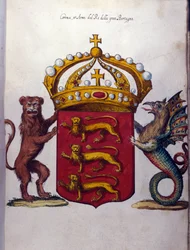 Wappen der britischen Königsfamilie schmückt eine Krone, einen Löwen und eine fantastische Kreatur. Staatsarchiv, Mailand