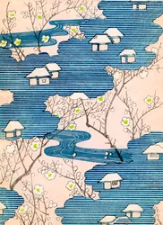 Muster für ein Kimonodesign: Hütten mit Flüssen und Kirschblüten, ca. 1900