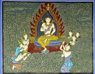 Anbetung des Buddha. Fresko im Yongju-Tempel, Region Suwon, Korea