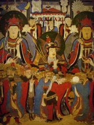 Buddha und Bodhisattva in Begleitung ihrer Wächter, Rollbild, Joseon-Zeit (1392-1896), Korea. Nationalmuseum Seoul, Republik Korea