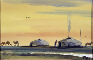 Jurten und Kamele, Mongolei - Mongolische Aquarellmalerei