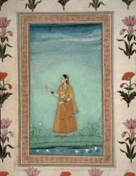 Dame mit Obst, stehend an einem Seerosenteich, aus dem Small Clive Album, c.1600