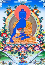 Bild des Medizin-Buddha, des höchsten Heilers, in Mönchsgewändern mit einer Schale, die die Heilpflanze Arura enthält
