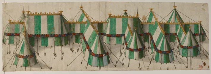 Entwurf für einen königlichen Pavillon in den Tudor-Farben Weiß und Grün, angeblich für Heinrich VIII. beim Feld der Goldenen Tücher