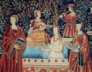 Vorhang des Herrschaftslebens: das Bad. Detail. Woll- und Seidentapisserie um 1520 in den Niederlanden hergestellt.