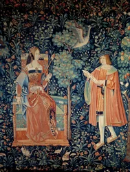 Vorhang des herrschaftlichen Lebens: Höfische Liebesszene (Detail)