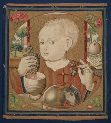 Das Jesuskind presst den Wein der Eucharistie, um 1500