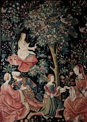 Der Vorhang des Seigneurialen Lebens: Szenen Galant Woll- und Seidentapisserie, um 1520 in den Niederlanden hergestellt. Paris, Nationalmuseum des Mittelalters, Thermes de Cluny