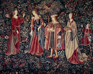 Der Vorhang des Seigneurialen Lebens: der Spaziergang (Wandteppich aus Wolle und Seide, ca. 1520)