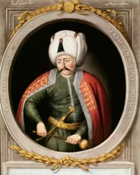 Osmanisches Reich: Porträt des neunten osmanischen Sultans Selim I., genannt der Schreckliche oder der Grausame (1470-1520). Miniatur. Topkapi Sarayi Istanbul Bibliothek