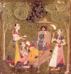 Krishna und Mägde, Himachal Pradesh, Pahari-Schule, ca. 1710