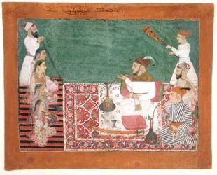 Rajah Deep Chand und Freunde rauchen eine Wasserpfeife, Bijapur, ca. 1760