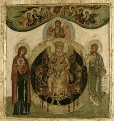 Russische Ikone der Sophia, Die Heilige Weisheit, auf dem Thron in Form eines feurigen geflügelten Engels