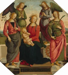 Madonna mit Kind und zwei Engeln, Heilige Rose und Heilige Katharina von Alexandria, frühes 16. Jahrhundert