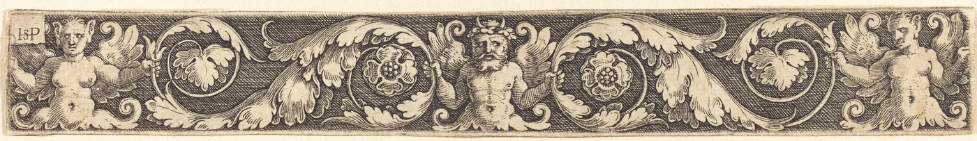 Ornament mit einer männlichen und zwei weiblichen Figuren