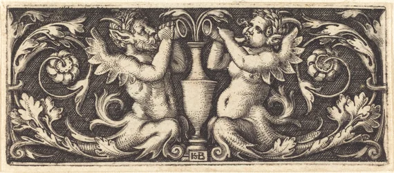 Ornament mit zwei Tritonen, die Hörner blasen