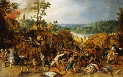 Eine Landschaft mit Plünderern, die einen Wagenzug angreifen und ein Dorf plündern
