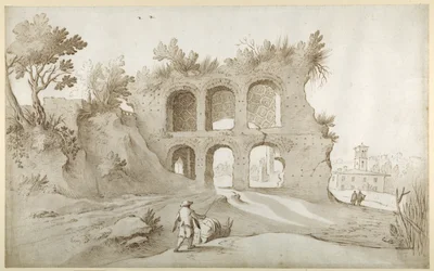 Basilika von Konstantin. Eingangswand in einer fantastischen Umgebung (Feder & Tinte mit Waschung auf Papier)