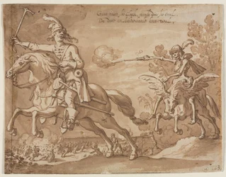 Der Tod zu Pferd jagt einen fliegenden Ritter, 1631