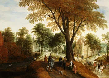 Elegante Reiter und Figuren auf einem Weg vor einem Schloss