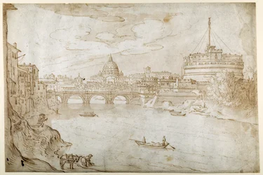Blick auf den Tiber in Richtung St. Peter mit dem Vatikanpalast und der Engelsburg