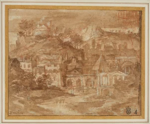 Klassische Landschaft mit Gebäuden an einem Fluss