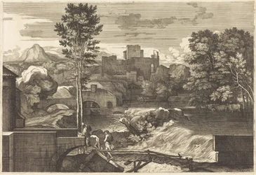 Landschaft mit zwei Figuren auf einer Brücke