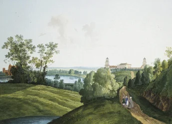 Landschaft mit einem Bauernhof im Park von Zarskoje Selo
