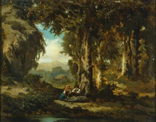 Figuren im Holz, von Serafino De Tivoli, Öl auf Leinwand, Barbizon-Schule