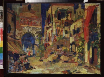 Ansicht einer Straße. Bühnenbild für die Oper Don Quichotte von Jules Massenet (1842-1912)