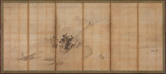 Landschaft: Hügel und Gebäude, Muromachi-Periode, Mitte bis Ende 16. Jahrhundert